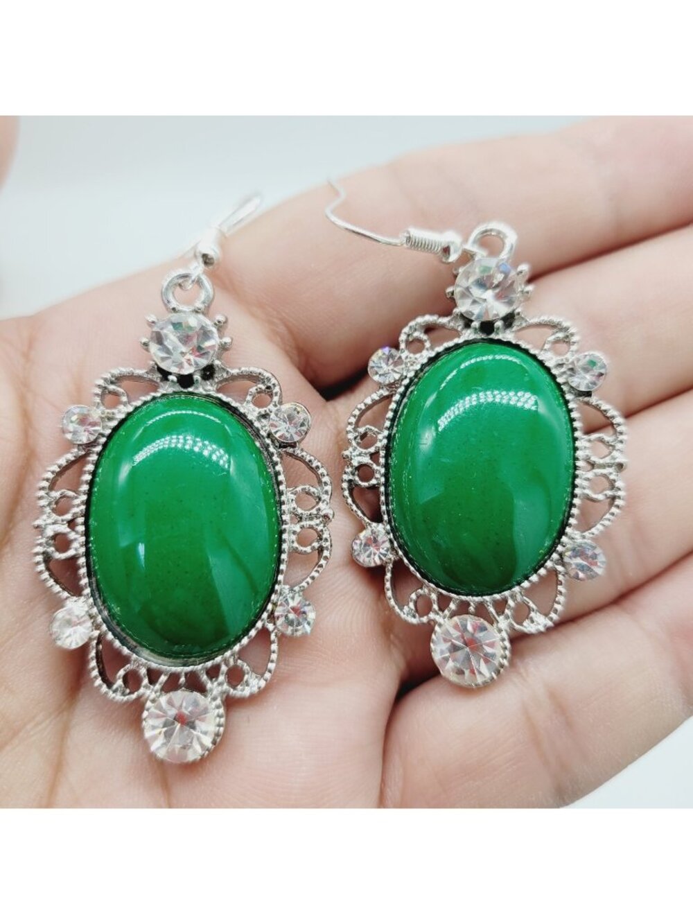 Faux Jade Picture Frame Style Drop Dangle Earrings Rhinestones Silver Tone
